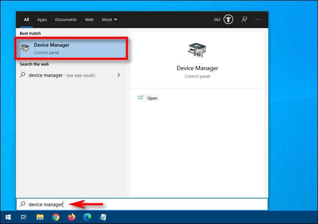 Tìm kiếm và chọn Device Manager trong biểu tượng Windows